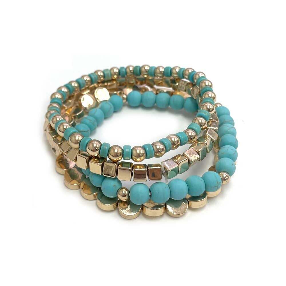 Set of 4  Beaded Stretch Bracelets with Turquoise and Gold Tone Beads